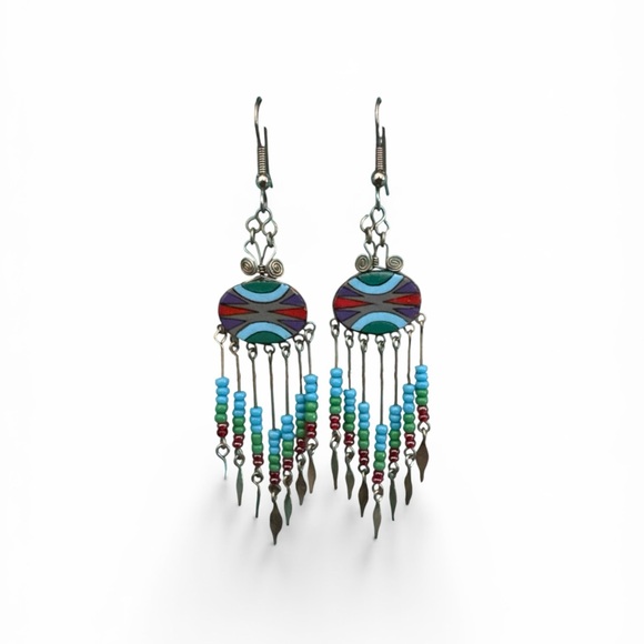 Jewelry - Boho Turquoise Beaded Fringe Dangle Chandelier Earrings
